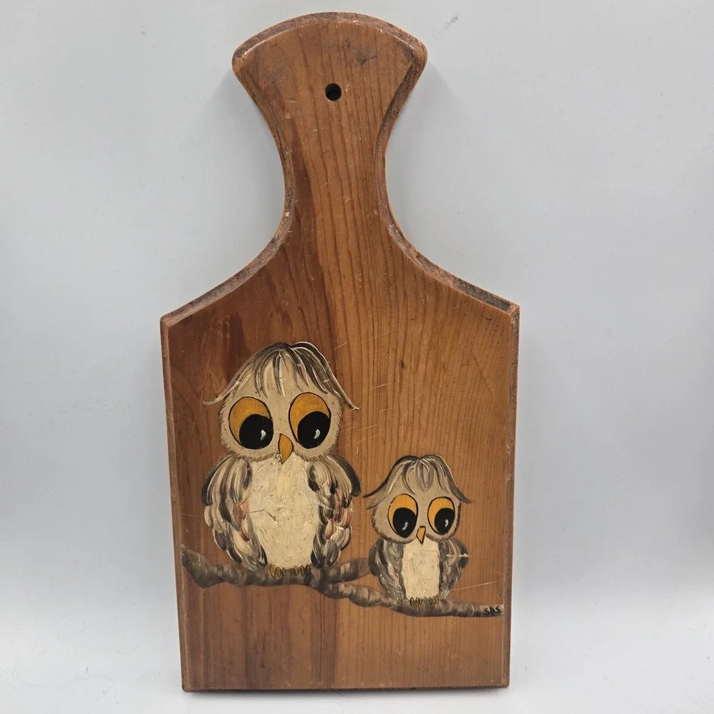 VTG 70's Hand Painted Owls Cutting Board Wooden Wall Decor Signed Grannycore MCM